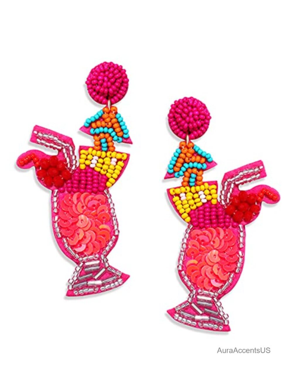 Beaded Cocktail Wine Glass Drop Dangle Earrings Boho Vacation Statement
